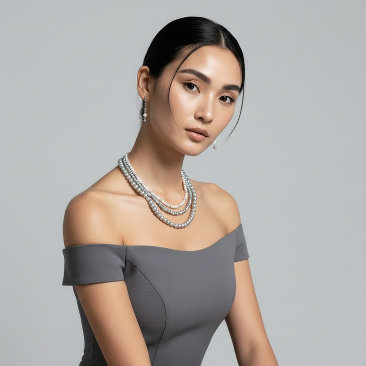Grey and White Pearl Beaded Necklace and Earring Set