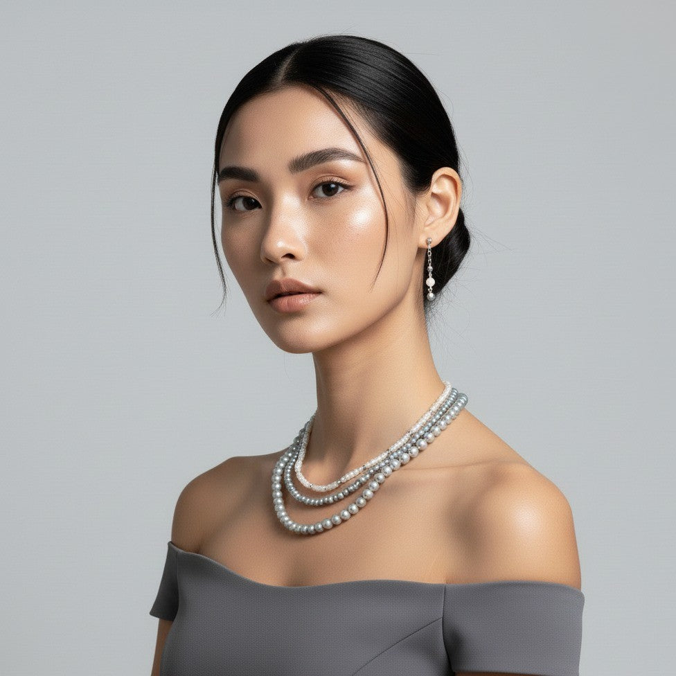 Grey and White Pearl Beaded Necklace and Earring Set