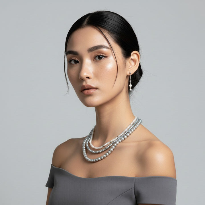Grey and White Pearl Beaded Necklace and Earring Set