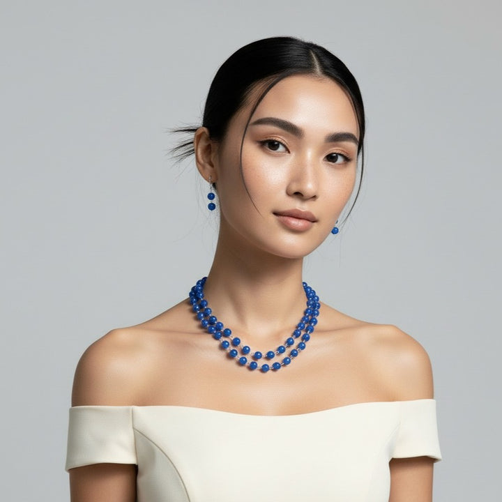 Classic Multi-Strand Blue Beaded Necklace and Earring Set