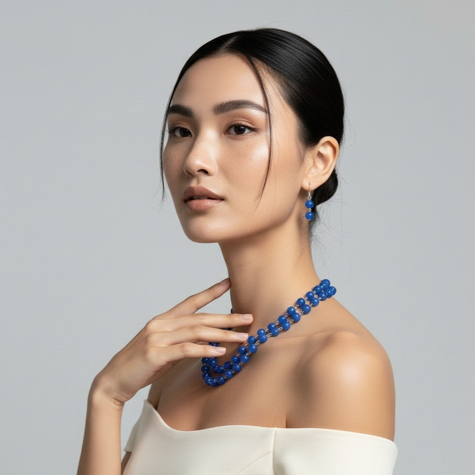Classic Multi-Strand Blue Beaded Necklace and Earring Set