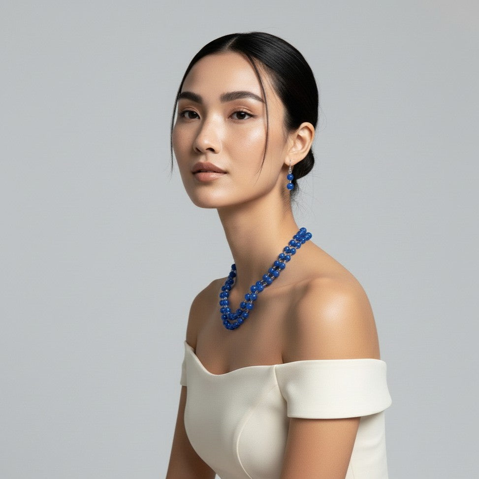 Classic Multi-Strand Blue Beaded Necklace and Earring Set