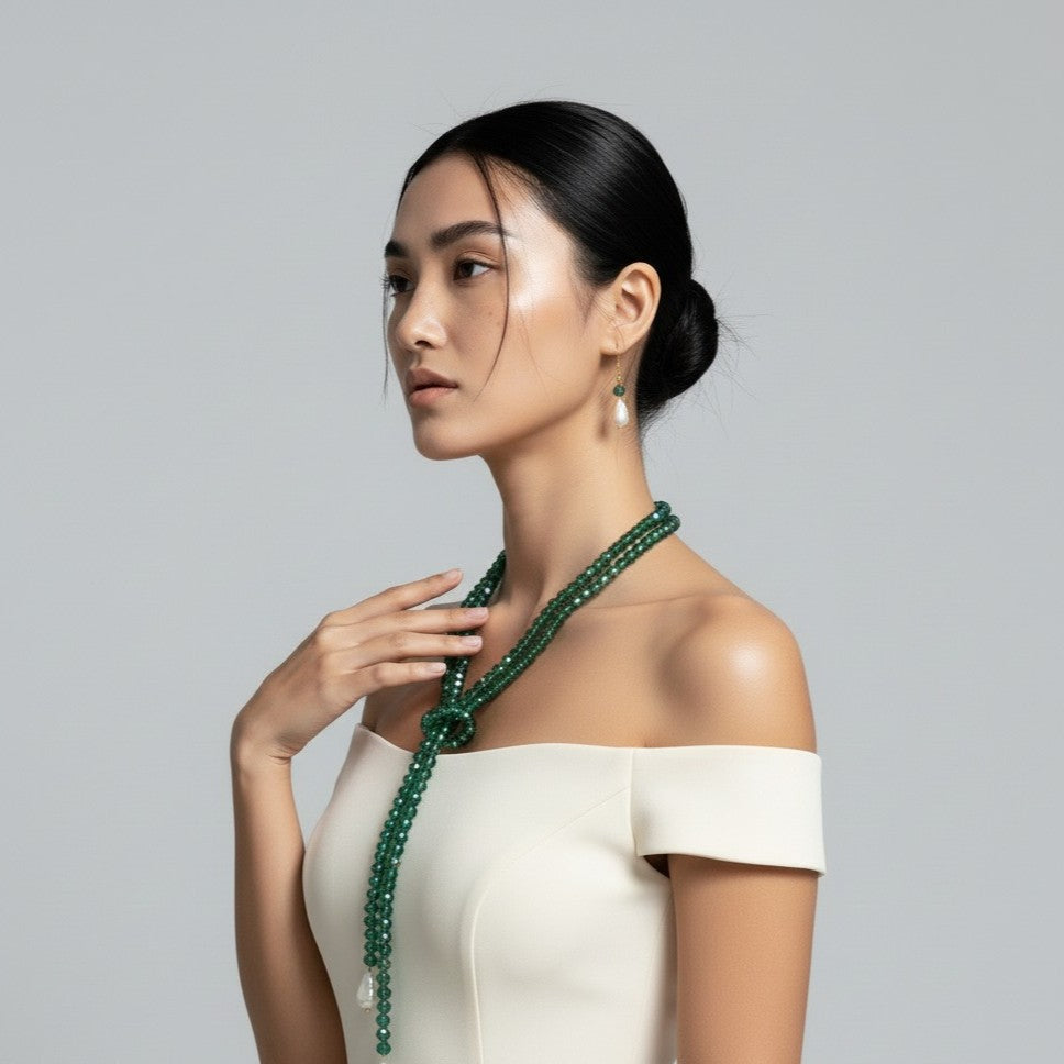 Emerald Green Crystal and Freshwater Pearl Jewelry Set