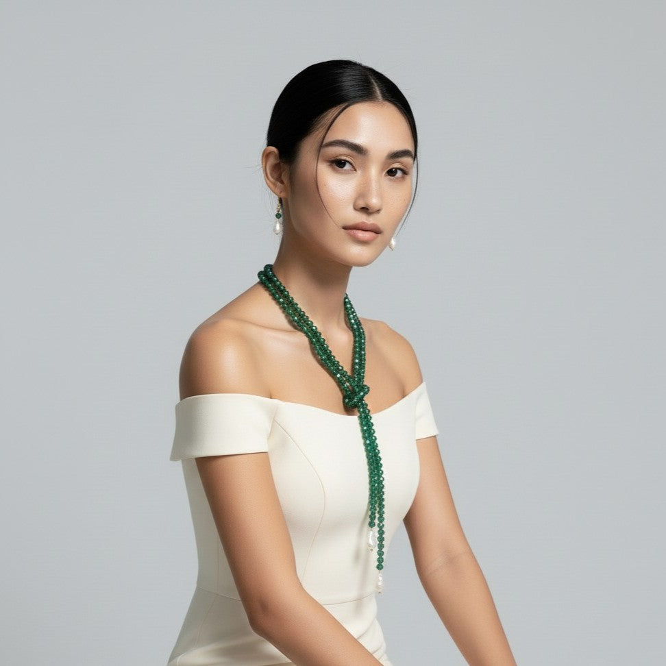 Emerald Green Crystal and Freshwater Pearl Jewelry Set