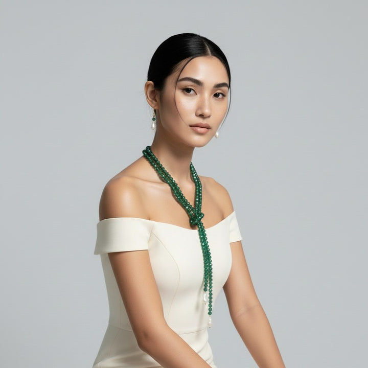 Emerald Green Crystal and Freshwater Pearl Jewelry Set