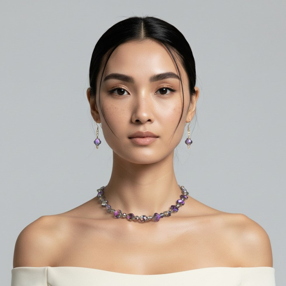 Purple and Iridescent Crystal Necklace and Earring Set