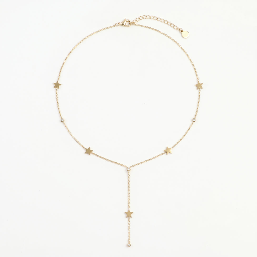 Delemon high-quality gold plated delicate Y-shaped drop necklace featuring star stations and crystal accents