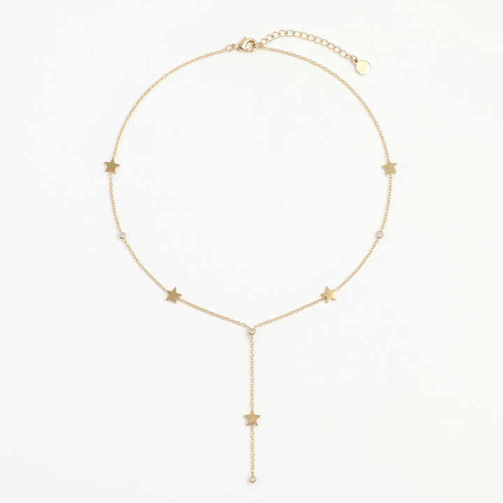 Delemon high-quality gold plated delicate Y-shaped drop necklace featuring star stations and crystal accents