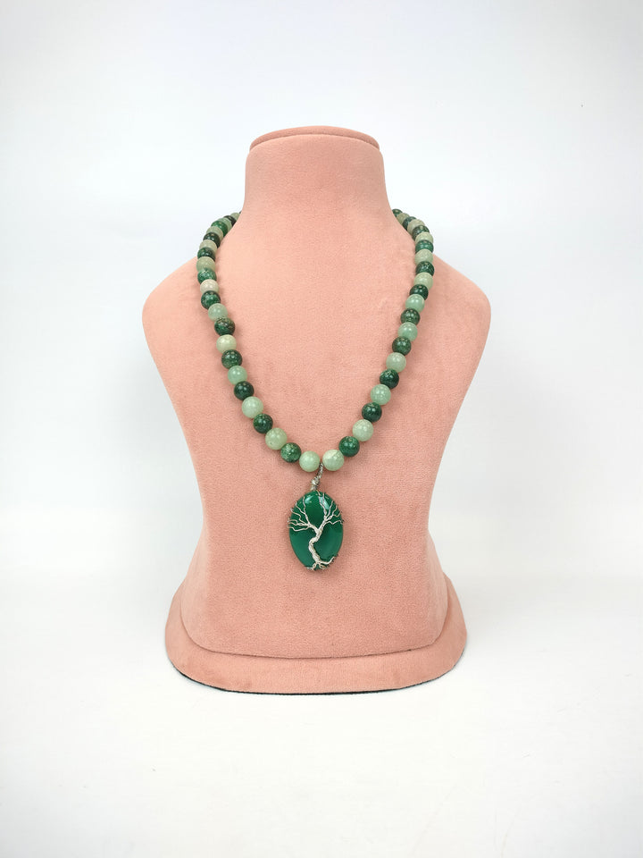 Green Jade Necklace with Tree of Life Pendant