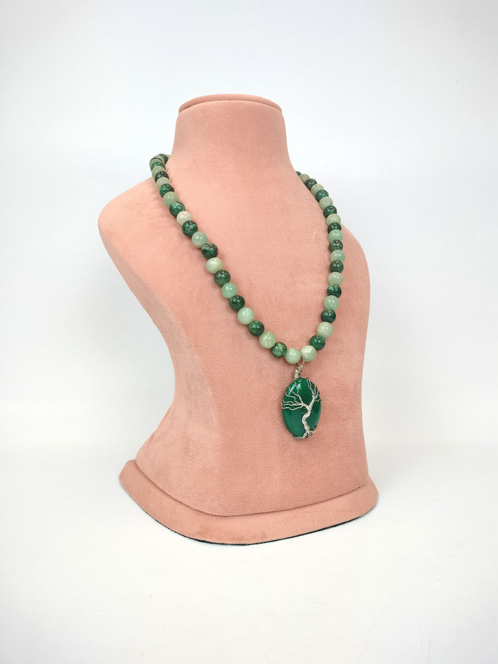 Green Jade Necklace with Tree of Life Pendant