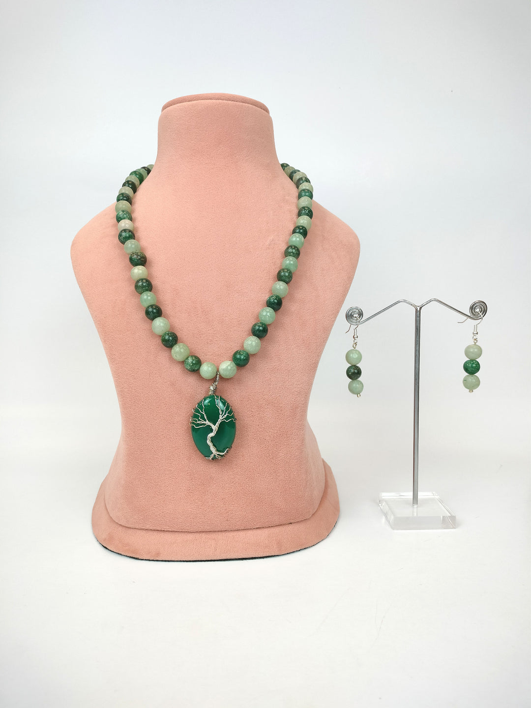 Green Jade Necklace with Tree of Life Pendant