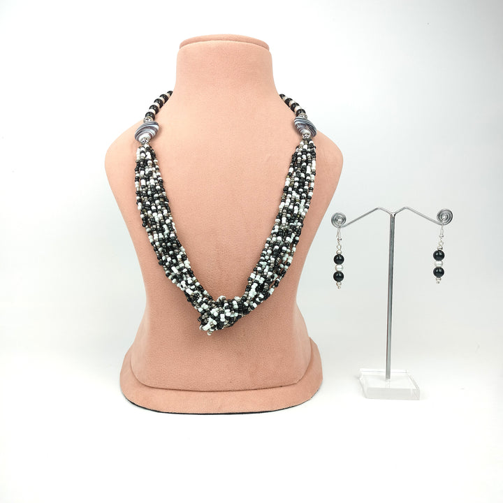 Black and White Beaded Statement Necklace Set