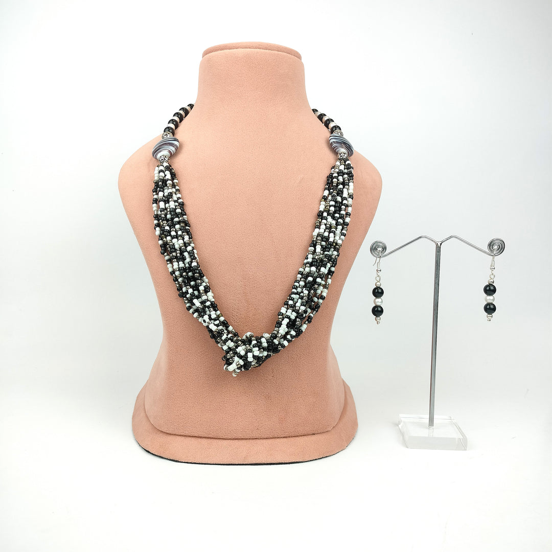 Black and White Beaded Statement Necklace Set