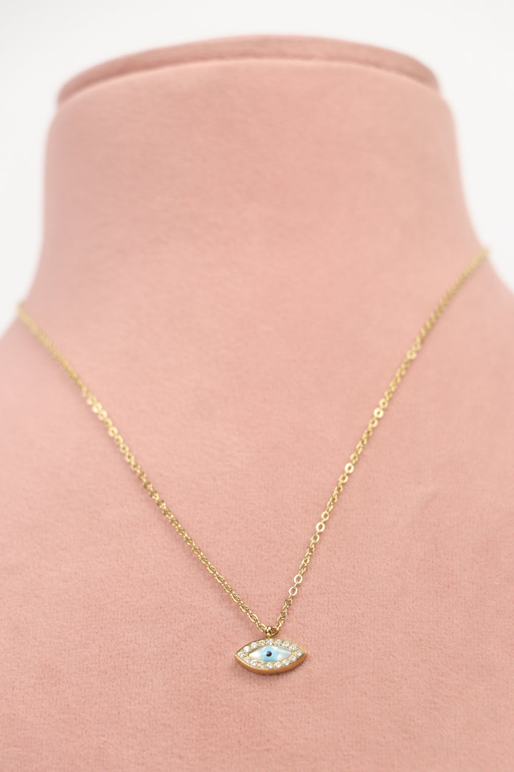 Delemon high-quality gold plated chain necklace featuring a small evil eye pendant with a mother-of-pearl center and crystal border front view.