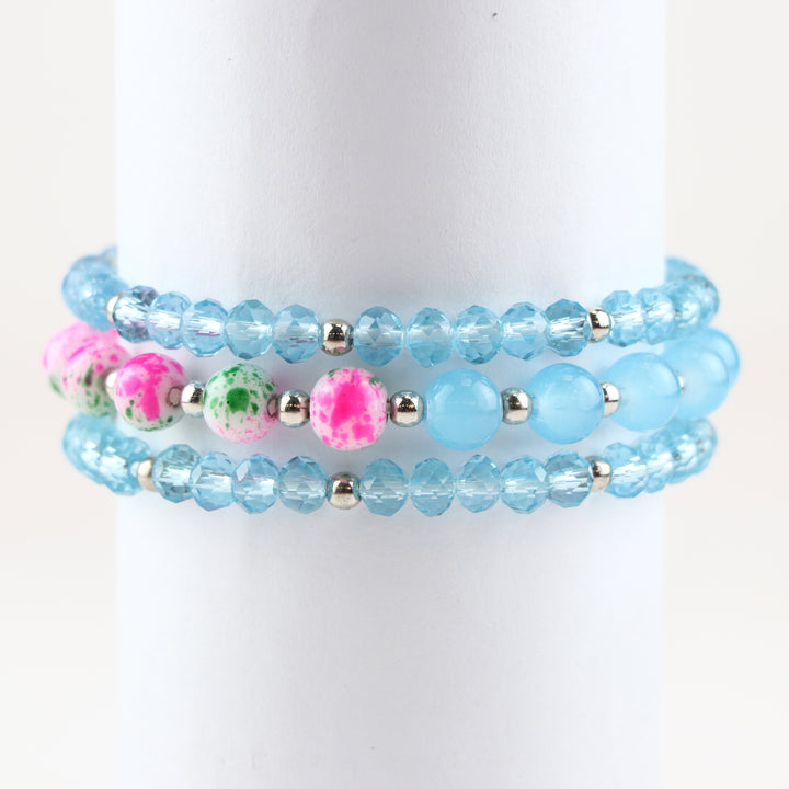 Stackable Aqua Blue Faceted Glass & Multi Color Splatter Bead Bracelet Set (Set of 3)