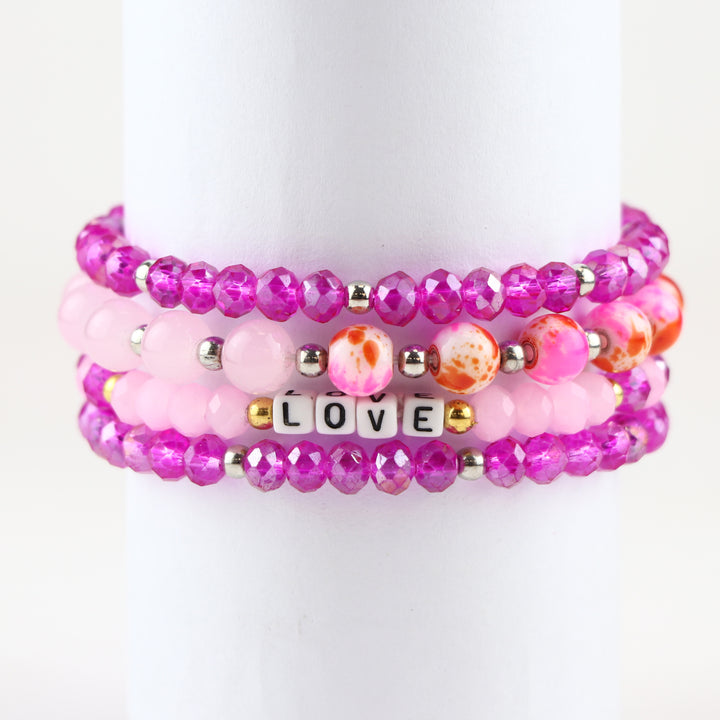 Pink & Purple LOVE Word Bead Stacking Bracelet Set (Gift for Her) Set of (4)