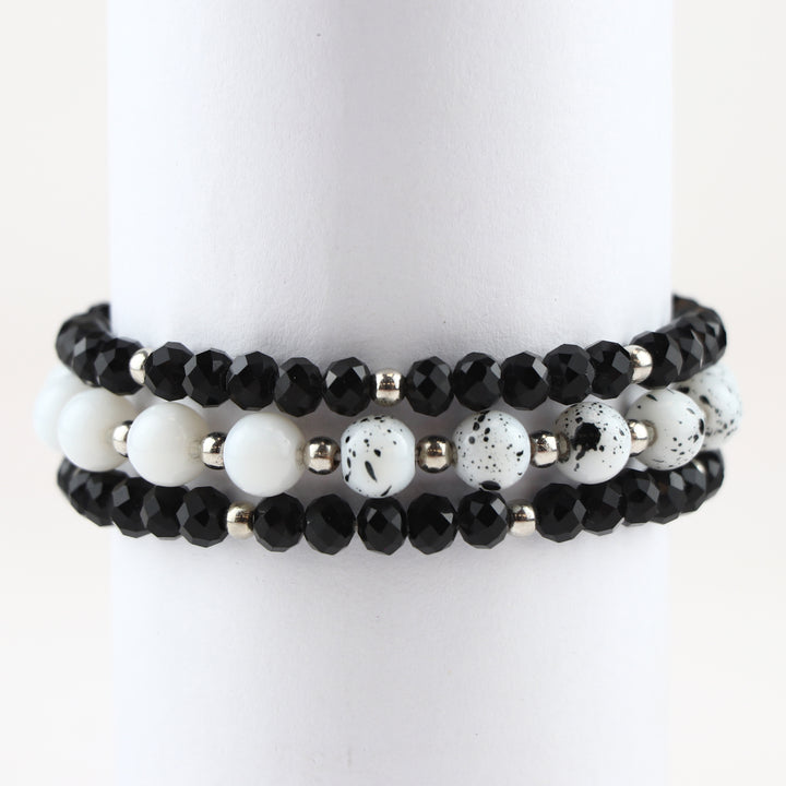 Chic Black Faceted Glass & White Speckle Stone Stackable Bracelet Set of (3)