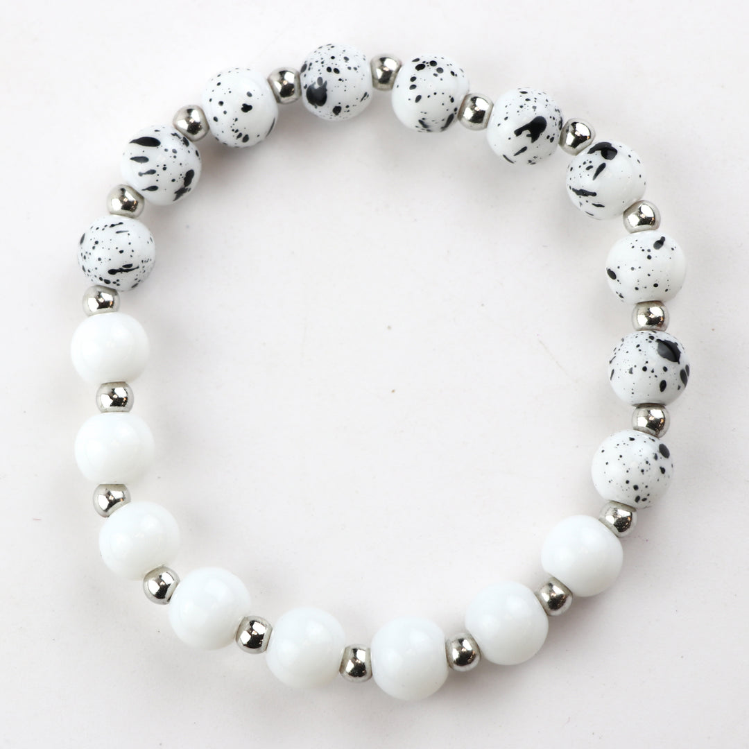Chic Black Faceted Glass & White Speckle Stone Stackable Bracelet Set of (3)