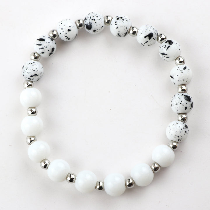 Chic Black Faceted Glass & White Speckle Stone Stackable Bracelet Set of (3)