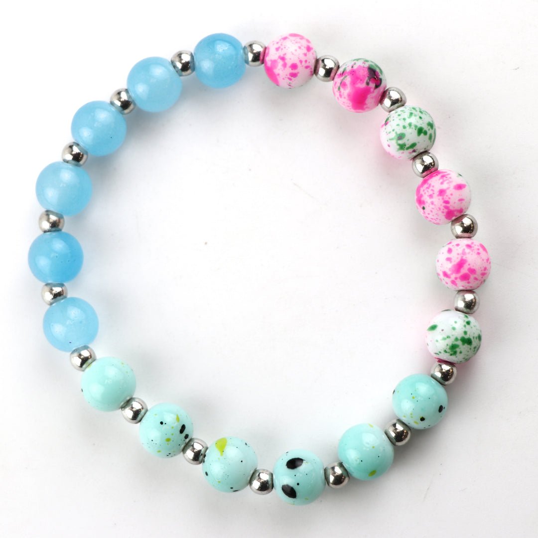 Stackable Aqua Blue Faceted Glass & Multi Color Splatter Bead Bracelet Set (Set of 3)