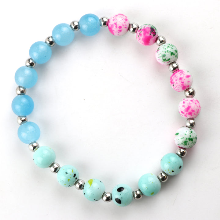 Stackable Aqua Blue Faceted Glass & Multi Color Splatter Bead Bracelet Set (Set of 3)