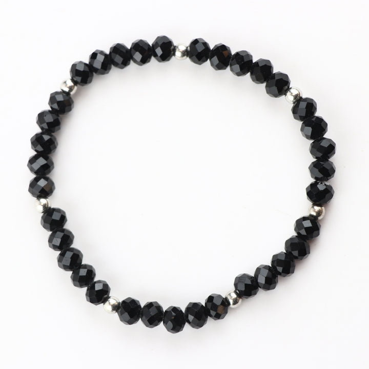 Chic Black Faceted Glass & White Speckle Stone Stackable Bracelet Set of (3)
