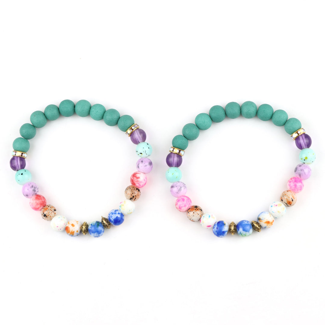 Boho Teal Bead & Multi-Color Speckle Gradient Friendship Bracelet Pair (Set of 2)