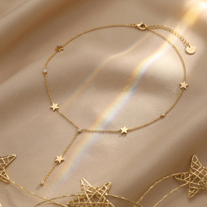 Delemon high-quality gold plated delicate Y-shaped drop necklace featuring star stations and crystal accents
