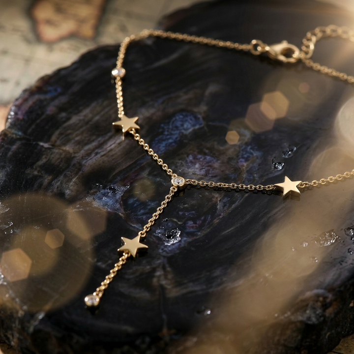 Delemon high-quality gold plated delicate Y-shaped drop necklace featuring star stations and crystal accents