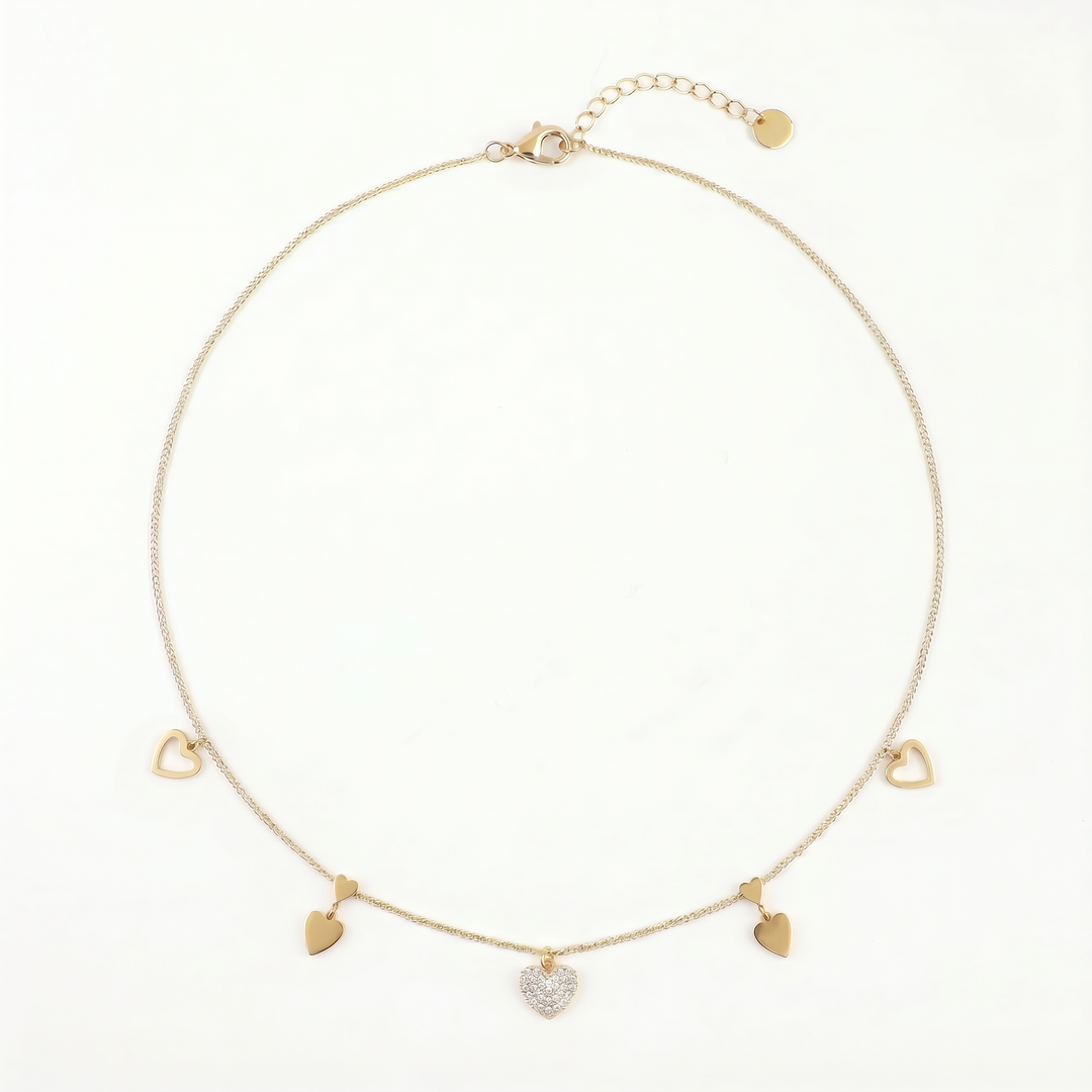 Delemon high-quality gold plated chain necklace featuring a central crystal pave heart pendant with hanging solid and open heart charms