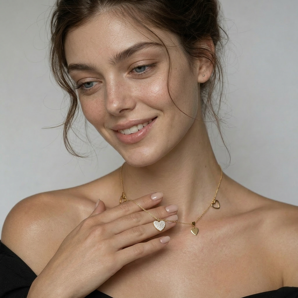 Delemon high-quality gold plated chain necklace featuring a central crystal pave heart pendant with hanging solid and open heart charms