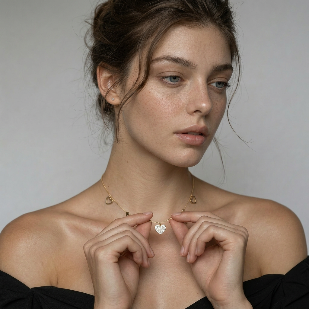 Delemon high-quality gold plated chain necklace featuring a central crystal pave heart pendant with hanging solid and open heart charms