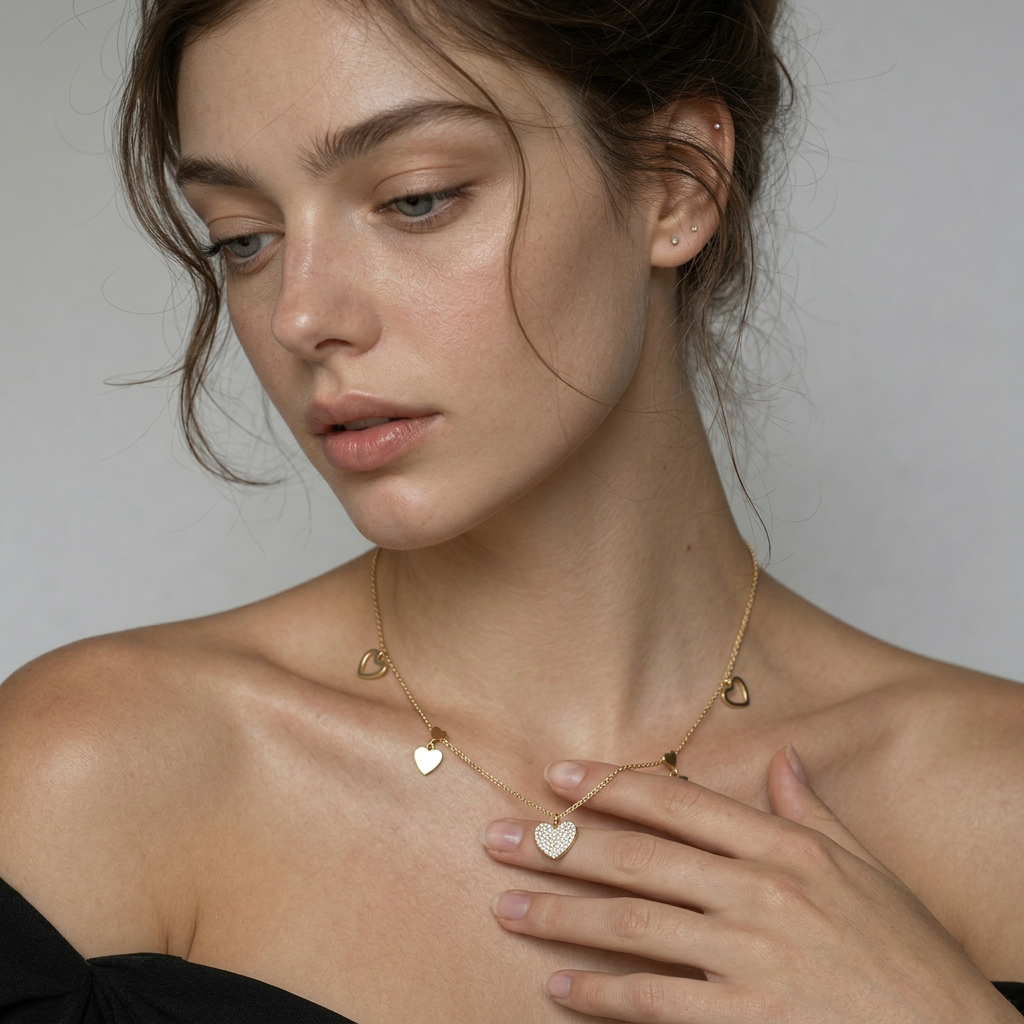 Delemon high-quality gold plated chain necklace featuring a central crystal pave heart pendant with hanging solid and open heart charms