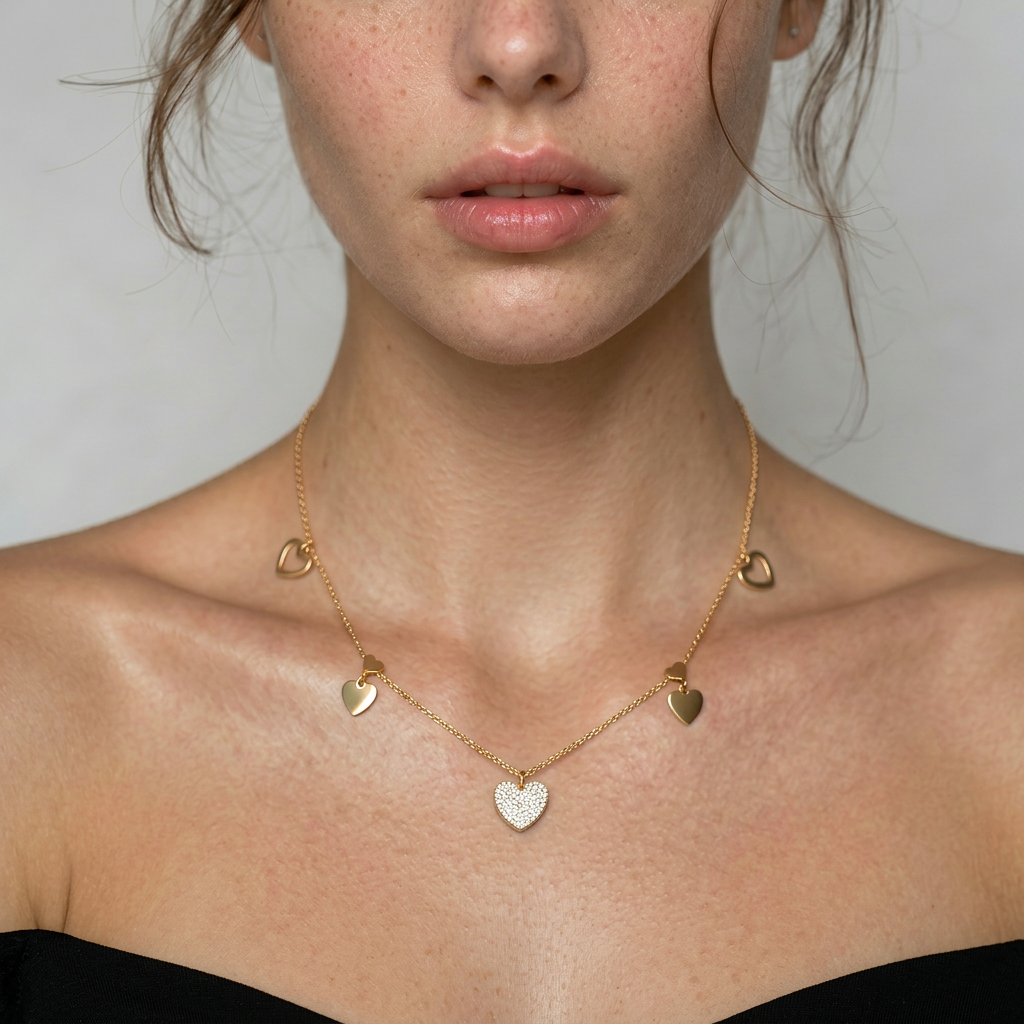 Delemon high-quality gold plated chain necklace featuring a central crystal pave heart pendant with hanging solid and open heart charms
