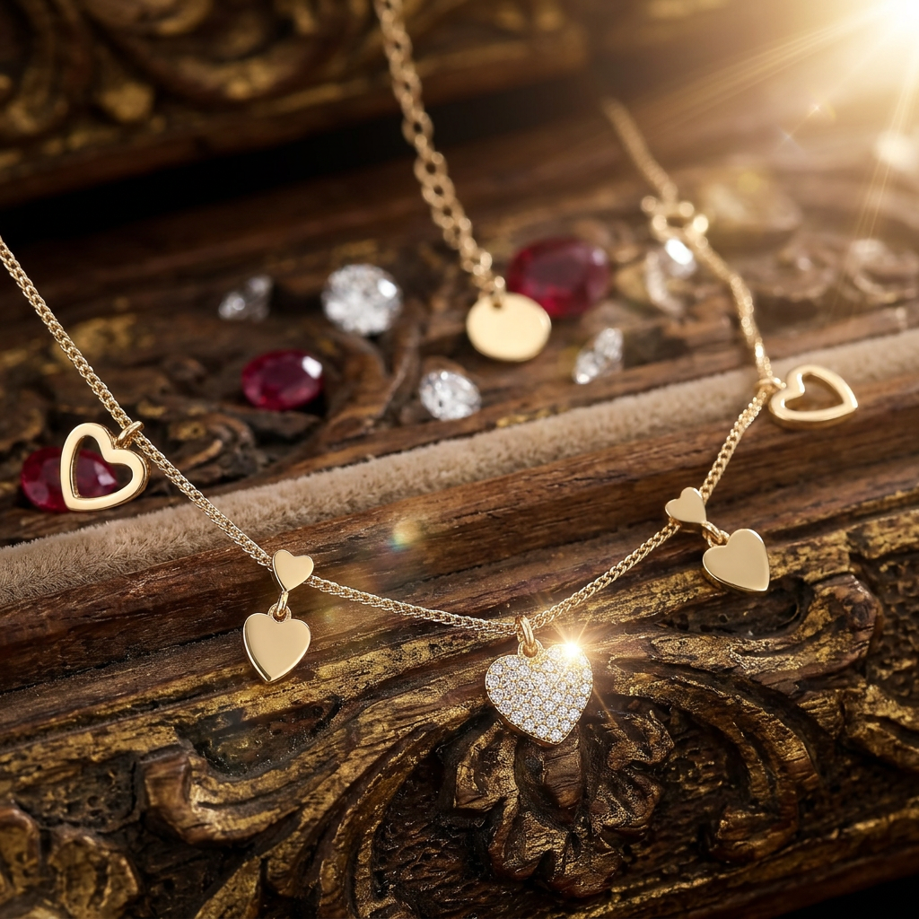 Delemon high-quality gold plated chain necklace featuring a central crystal pave heart pendant with hanging solid and open heart charms