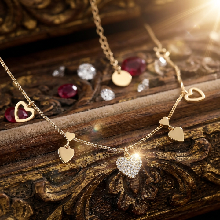 Delemon high-quality gold plated chain necklace featuring a central crystal pave heart pendant with hanging solid and open heart charms