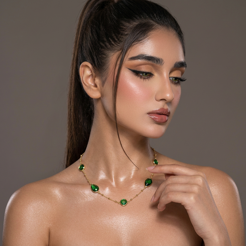 Emerald Zest Station Necklace – Waterproof 18k Gold Plated Stainless Steel