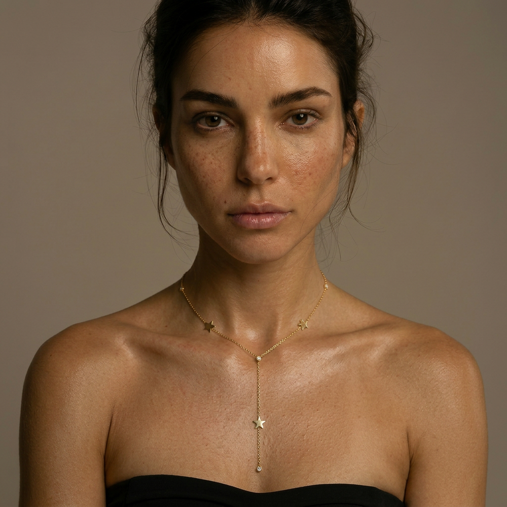 Delemon high-quality gold plated delicate Y-shaped drop necklace featuring star stations and crystal accents