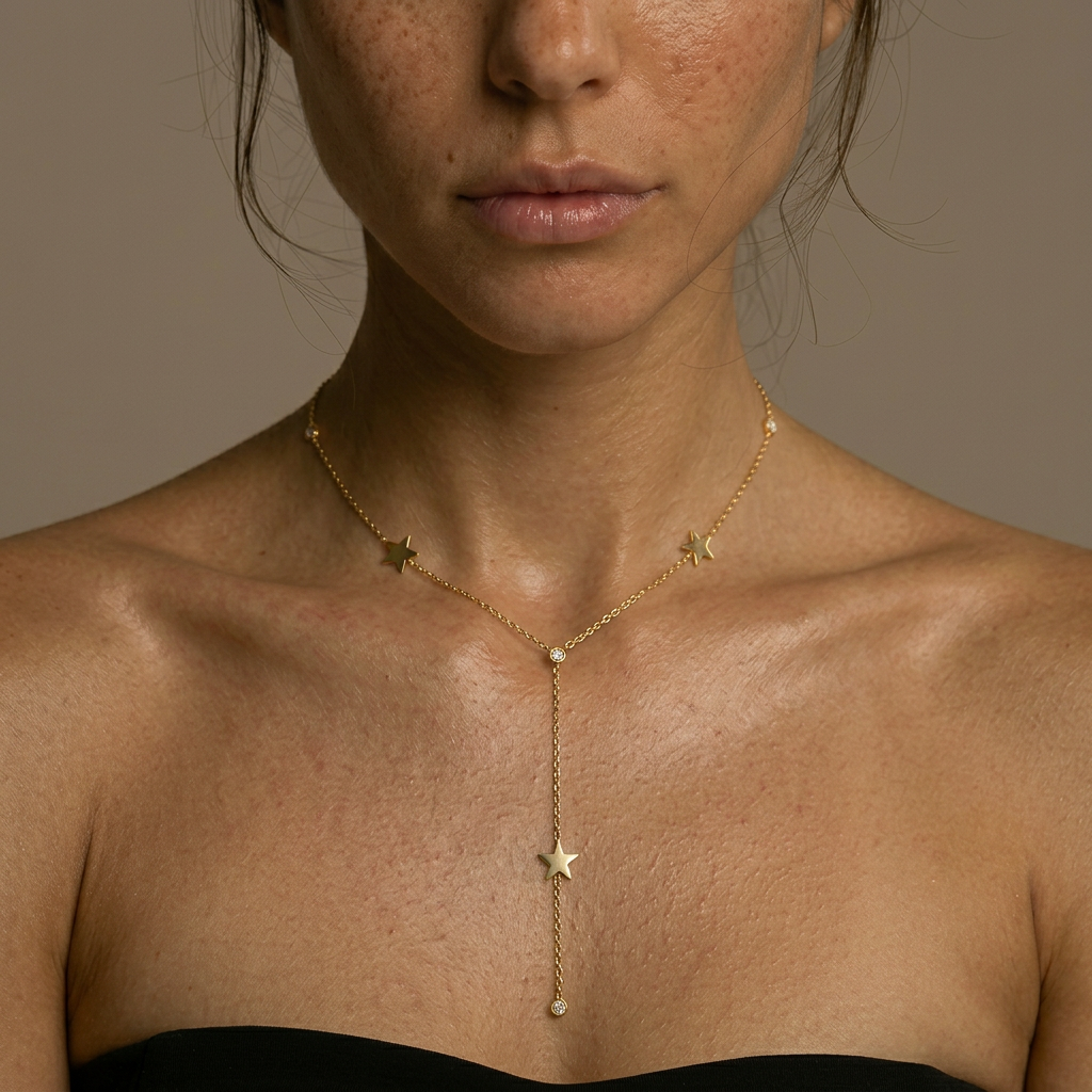 Delemon high-quality gold plated delicate Y-shaped drop necklace featuring star stations and crystal accents