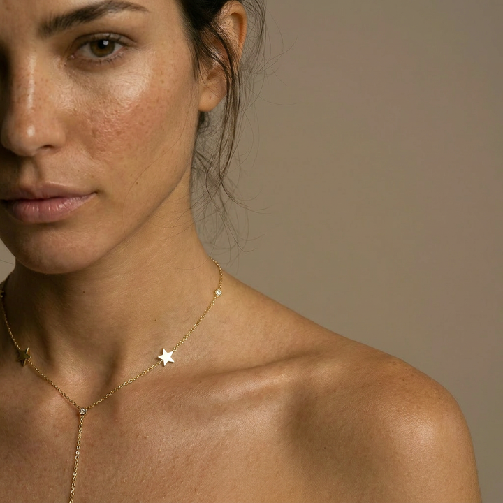 Delemon high-quality gold plated delicate Y-shaped drop necklace featuring star stations and crystal accents