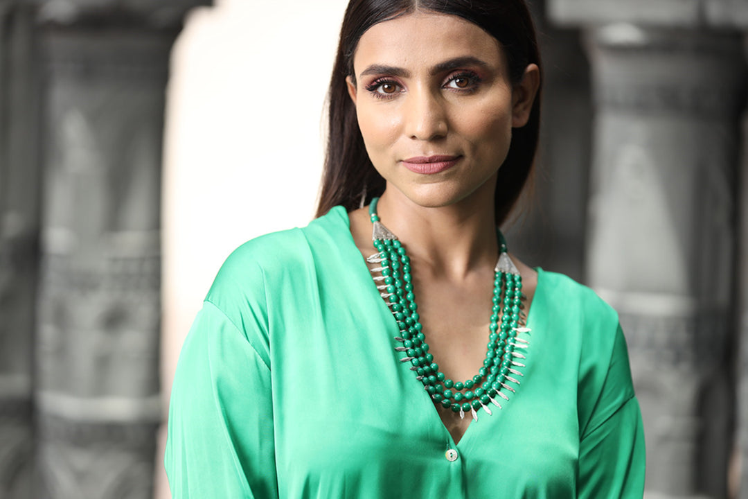 Glass Beads Necklace With Metal Leafs