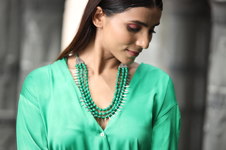 Glass Beads Necklace With Metal Leafs