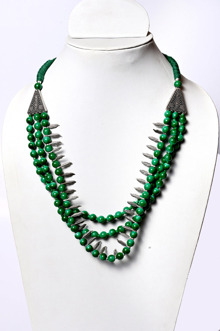 Glass Beads Necklace With Metal Leafs