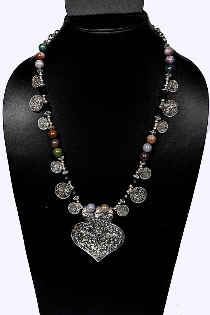 Stone Necklace With Metal Charms & Pendant