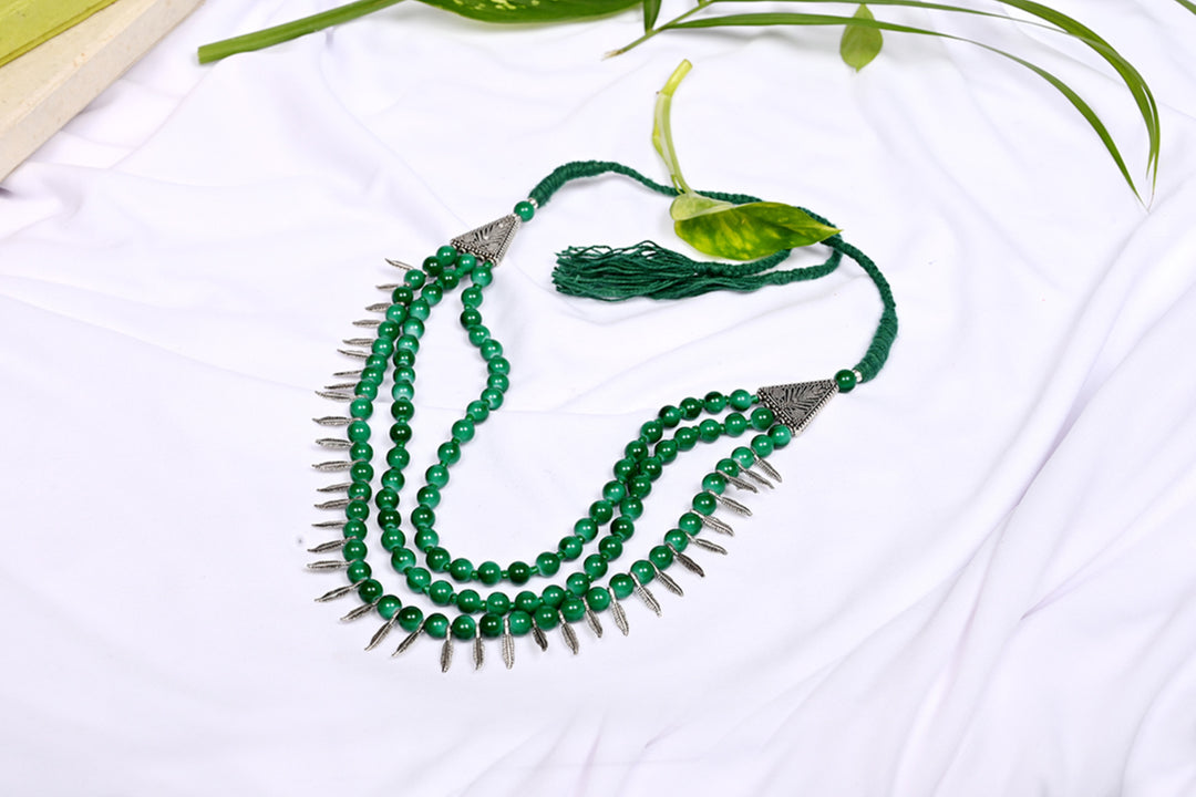 Glass Beads Necklace With Metal Leafs