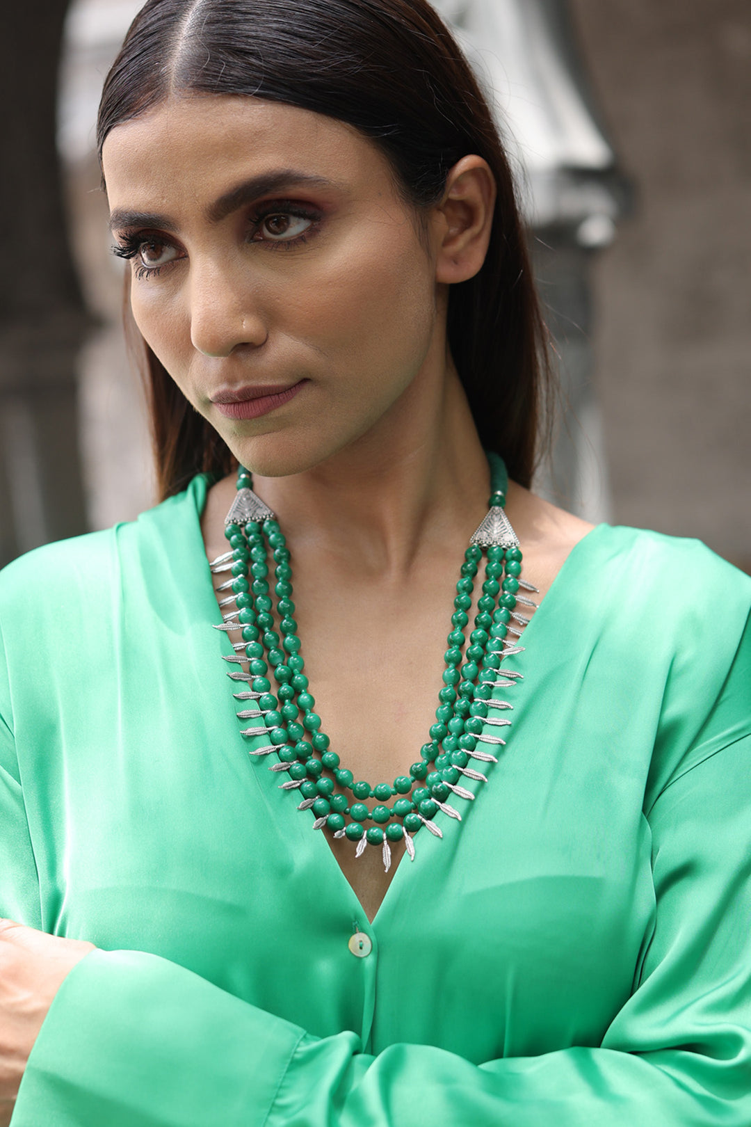 Glass Beads Necklace With Metal Leafs