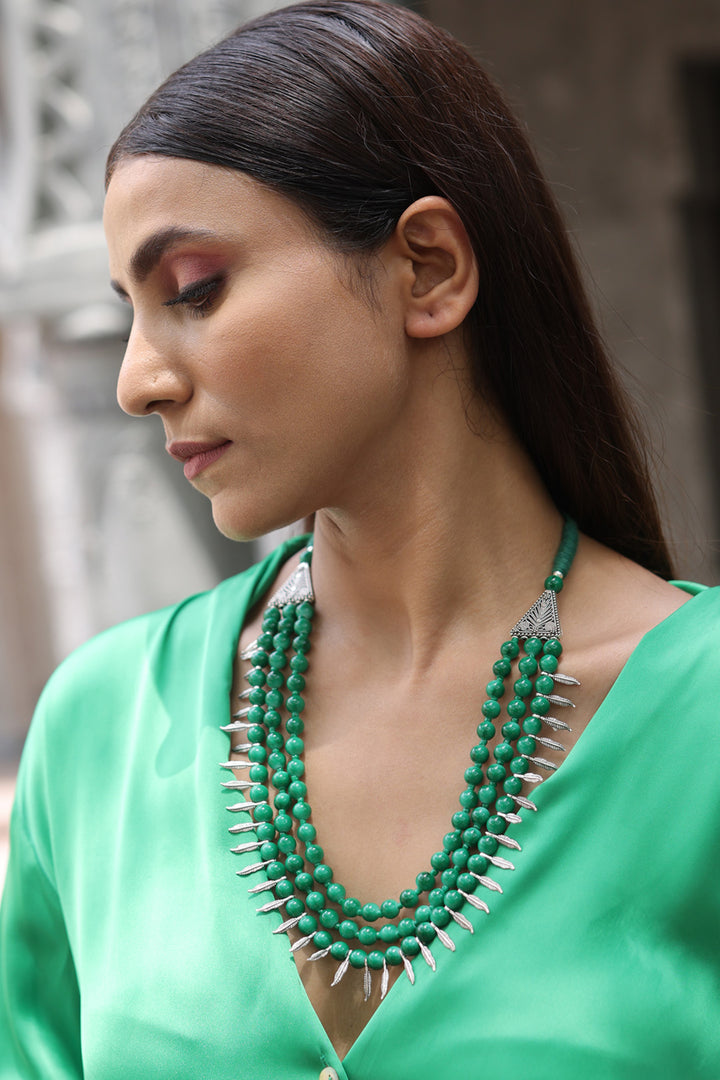 Glass Beads Necklace With Metal Leafs