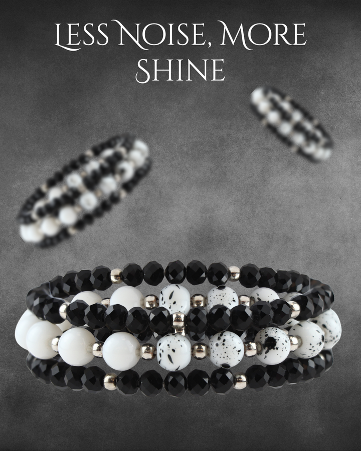 Chic Black Faceted Glass & White Speckle Stone Stackable Bracelet Set of (3)