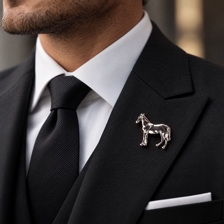 High-shine silver-tone horse brooch pin with a standing stallion silhouette