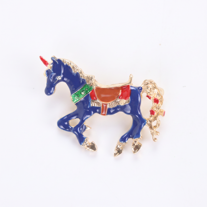 Royal blue enamel carousel horse unicorn brooch pin with colorful saddle accents by Delemon